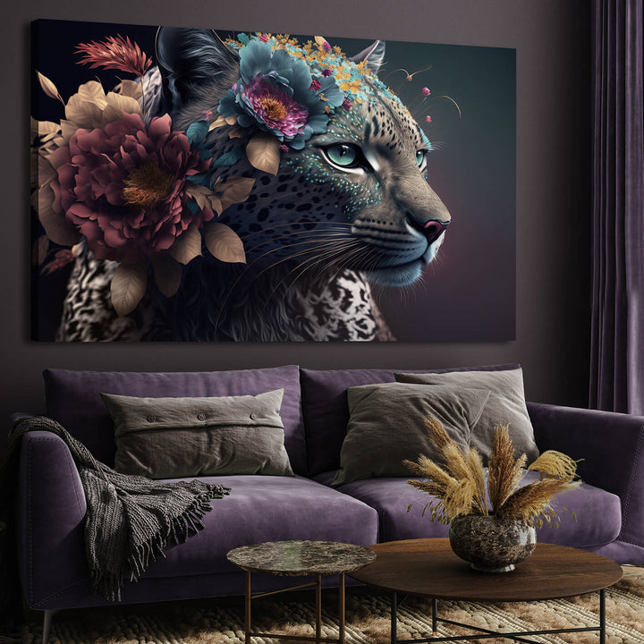 Ljuddämpande tavla - White Leopard with flowers